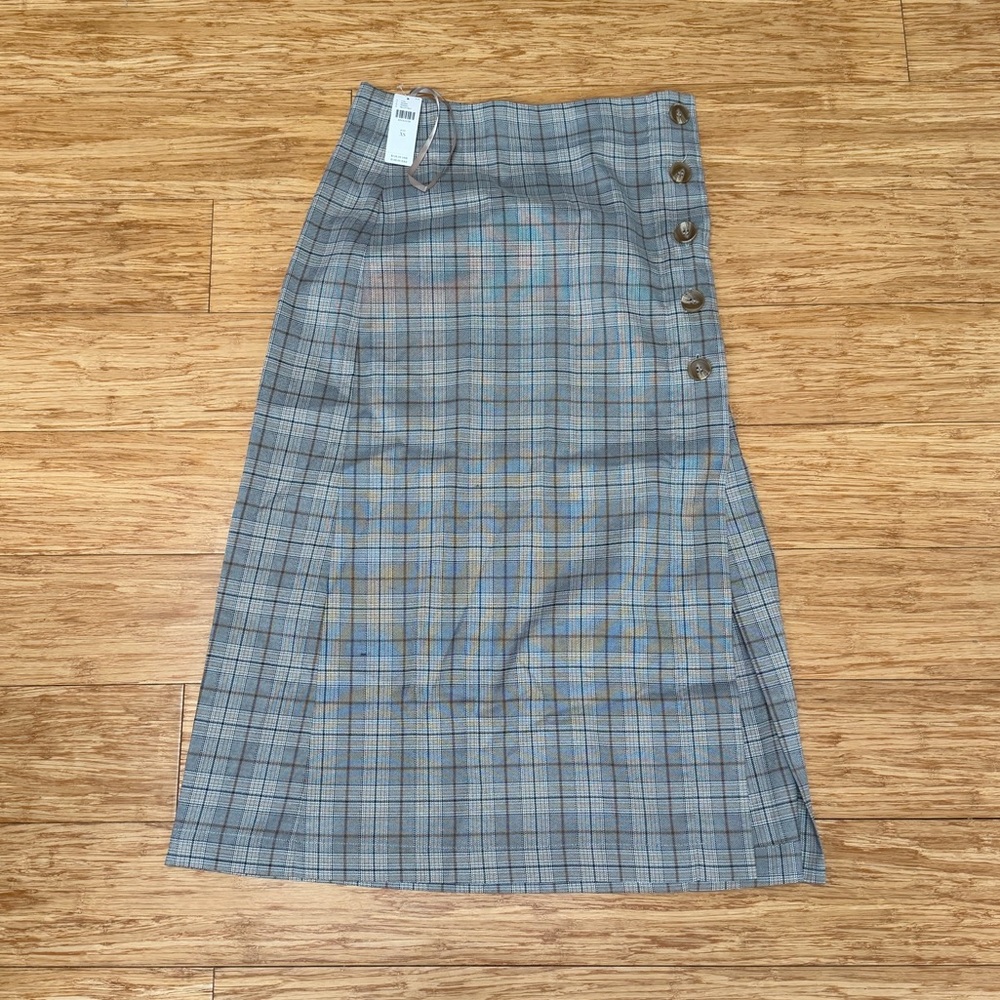 NWT Gray and brown tan midi Plaid Button-Down Skirt with slit Anthropologie